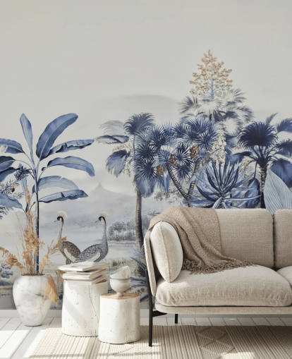 blauwe jungle met vogelbehang