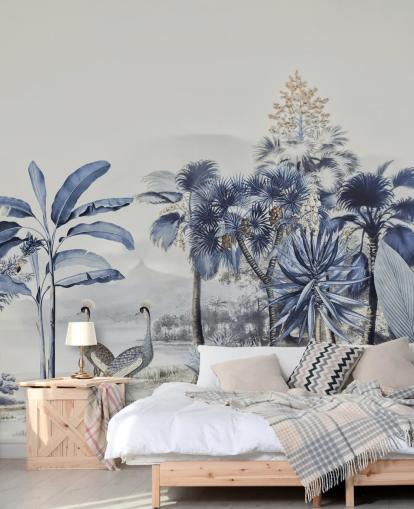 blauwe jungle met vogelbehang
