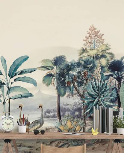 papel de parede vintage selva com pássaros