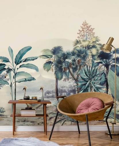 papel de parede vintage selva com pássaros