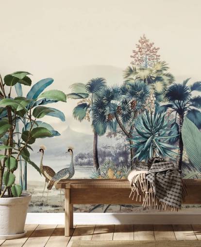 papel de parede vintage selva com pássaros