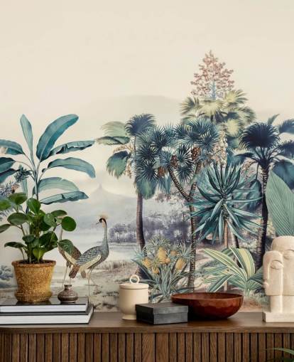 papel de parede vintage selva com pássaros