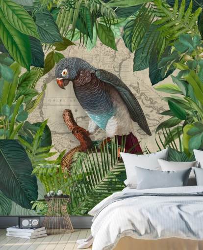 grey/blue parrot amongst green leaves wallpaper