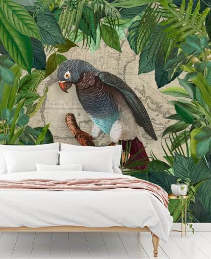 papagaio cinza/azul entre folhas verdes papel de parede