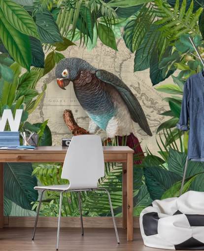 grey/blue parrot amongst green leaves wallpaper