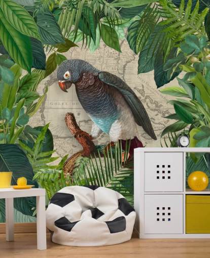 grey/blue parrot amongst green leaves wallpaper grey/blue parrot amongst green leaves wallpaper