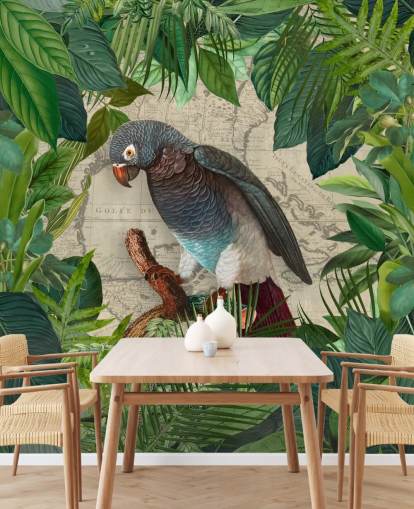 grey/blue parrot amongst green leaves wallpaper