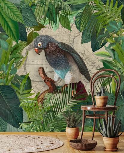 grey/blue parrot amongst green leaves wallpaper
