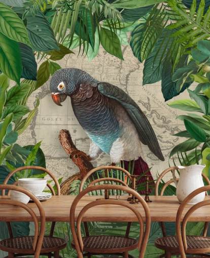 grey/blue parrot amongst green leaves wallpaper