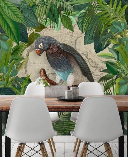 grey/blue parrot amongst green leaves wallpaper