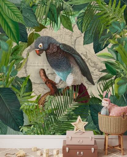 grey/blue parrot amongst green leaves wallpaper
