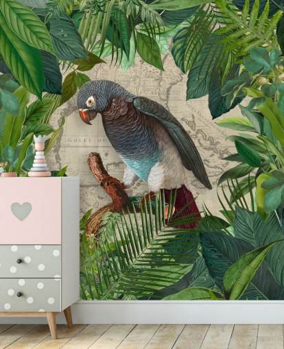 grey/blue parrot amongst green leaves wallpaper