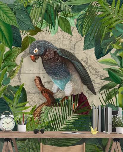 grijs/blauwe papegaai tussen groen blad behang