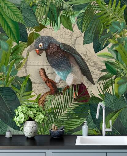 grey/blue parrot amongst green leaves wallpaper grey/blue parrot amongst green leaves wallpaper