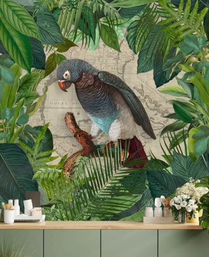 grey/blue parrot amongst green leaves wallpaper