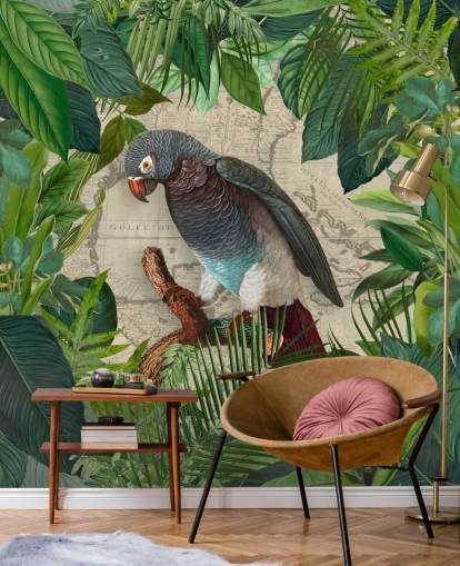 grijs/blauwe papegaai tussen groen blad behang