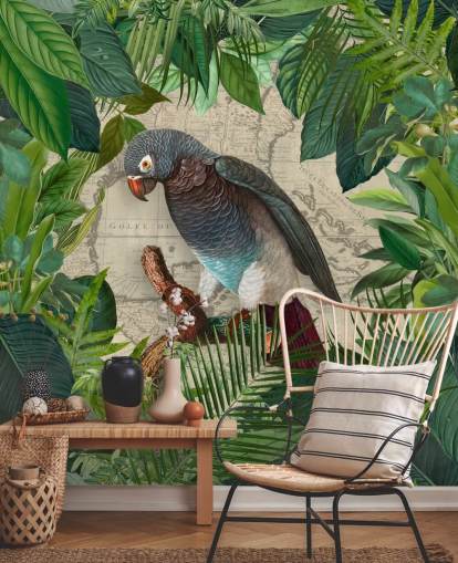 grey/blue parrot amongst green leaves wallpaper