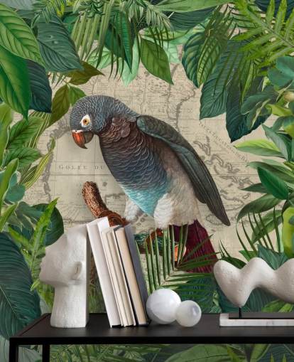 papier peint perroquet gris/bleu parmi les feuilles vertes