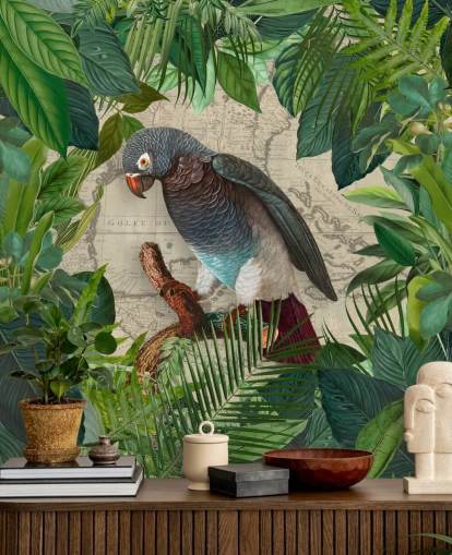 papier peint perroquet gris/bleu parmi les feuilles vertes papier peint perroquet gris/bleu parmi les feuilles vertes