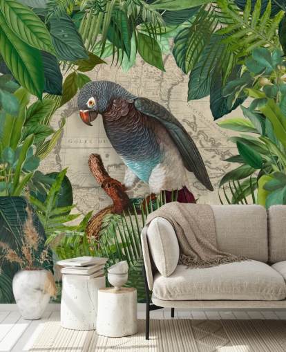 grey/blue parrot amongst green leaves wallpaper
