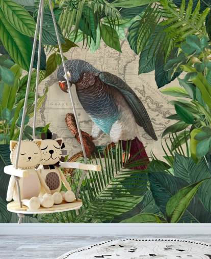 grey/blue parrot amongst green leaves wallpaper