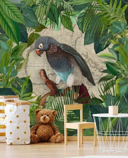 grey/blue parrot amongst green leaves wallpaper