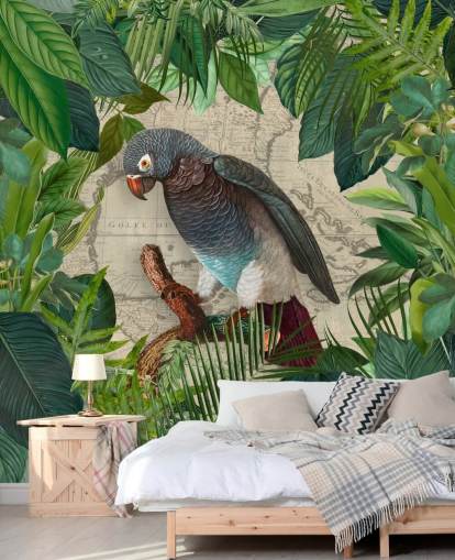 grey/blue parrot amongst green leaves wallpaper