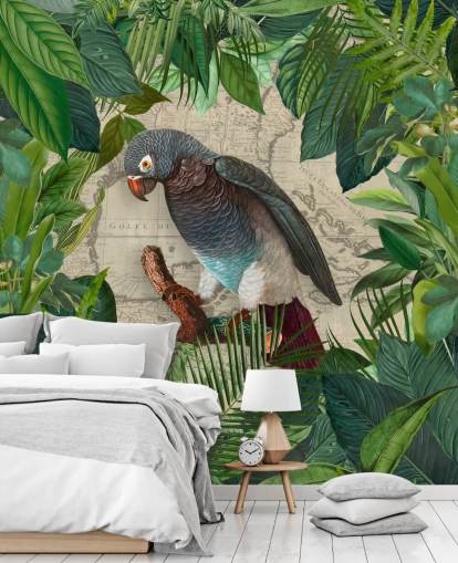 grey/blue parrot amongst green leaves wallpaper