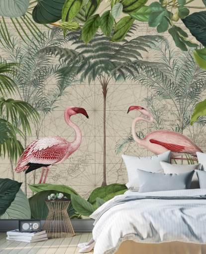 Papel pintado de 2 flamencos rosados en la selva