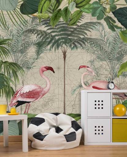 2 pink flamingos in jungle wallpaper