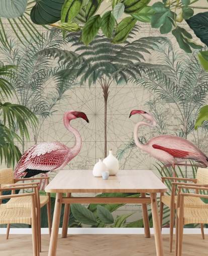 2 roze flamingo's in jungle behang