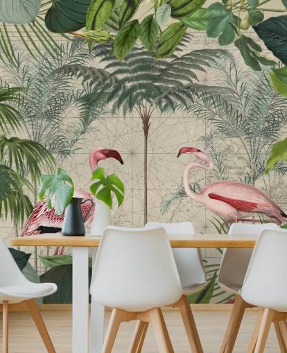 2 pink flamingos in jungle wallpaper