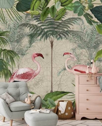 2 roze flamingo's in jungle behang