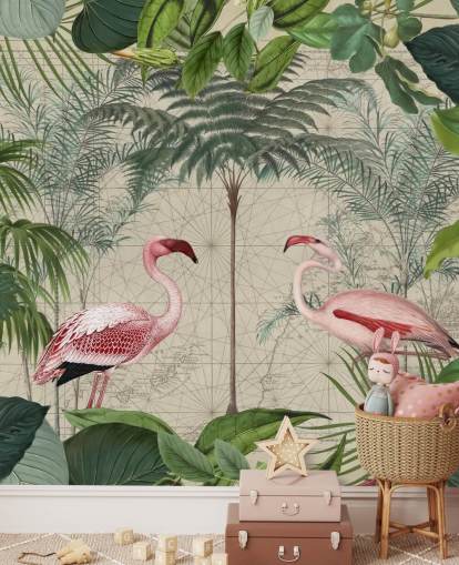 2 pink flamingos in jungle wallpaper