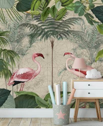 2 rosa Flamingos im Dschungel Tapete 2 rosa Flamingos im Dschungel Tapete