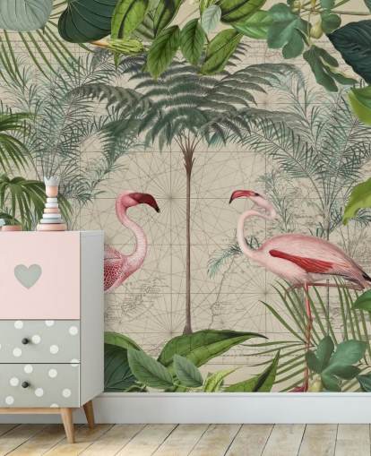2 pink flamingos in jungle wallpaper