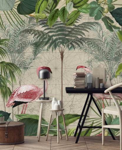 2 pink flamingoer i jungle tapet