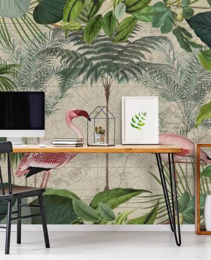 2 pink flamingos in jungle wallpaper