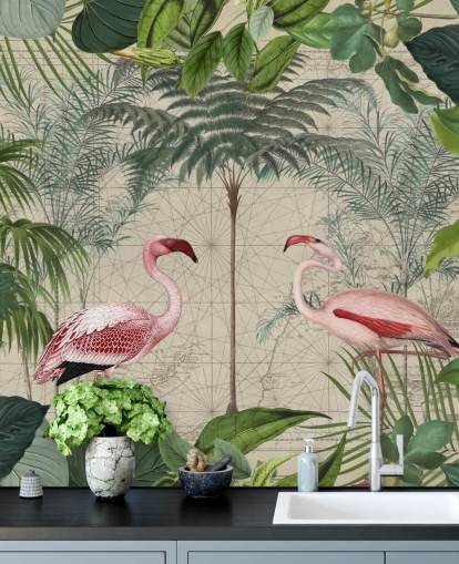 2 roze flamingo's in jungle behang 2 roze flamingo's in jungle behang