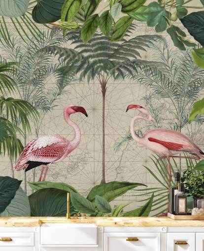 2 pink flamingos in jungle wallpaper