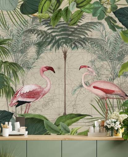 Papel pintado de 2 flamencos rosados en la selva Papel pintado de 2 flamencos rosados en la selva