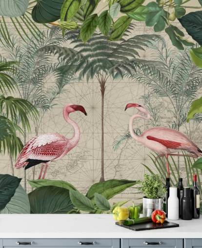 2 rosa Flamingos im Dschungel Tapete