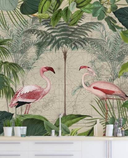 Papel pintado de 2 flamencos rosados en la selva Papel pintado de 2 flamencos rosados en la selva