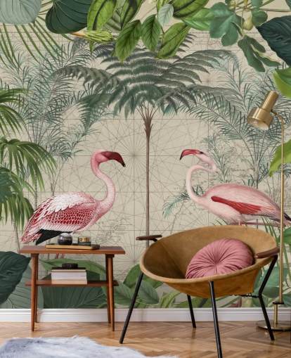 2 pink flamingos in jungle wallpaper