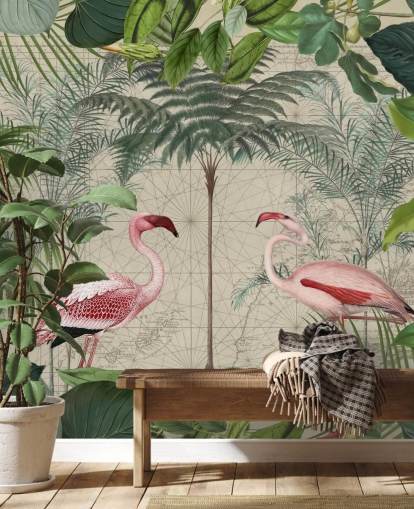 2 rosa Flamingos im Dschungel Tapete