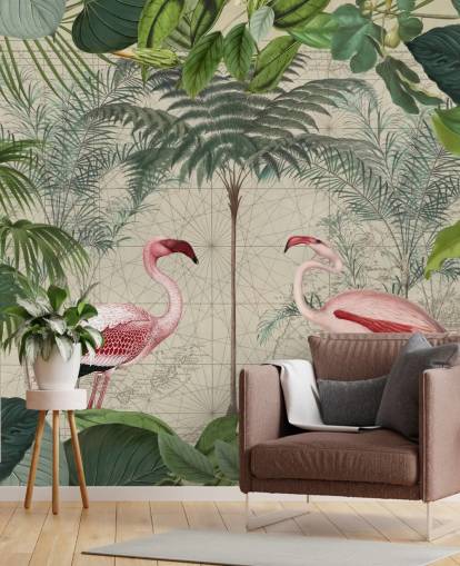 2 pink flamingos in jungle wallpaper