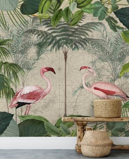 2 roze flamingo's in jungle behang