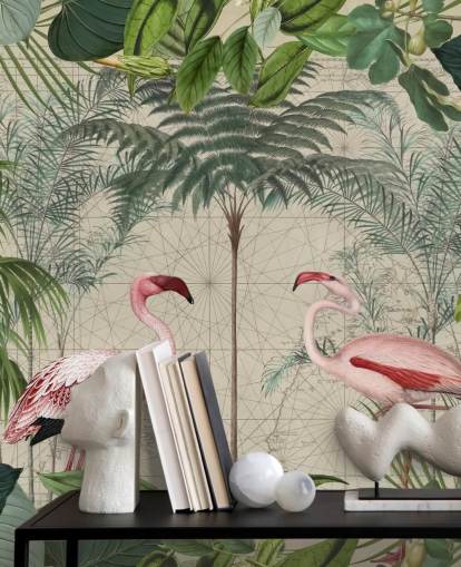 Papel pintado de 2 flamencos rosados en la selva