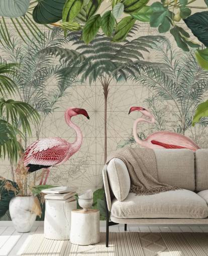 2 roze flamingo's in jungle behang 2 roze flamingo's in jungle behang