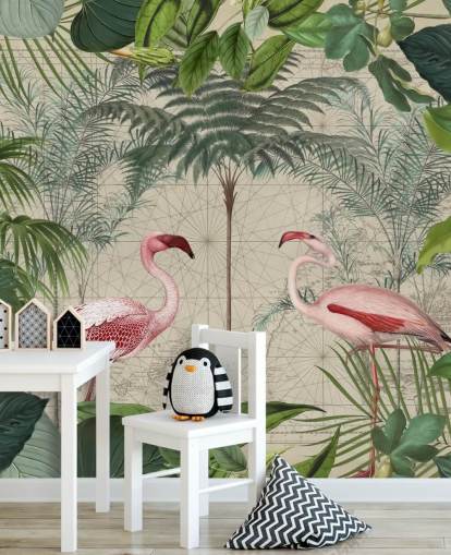 2 pink flamingos in jungle wallpaper